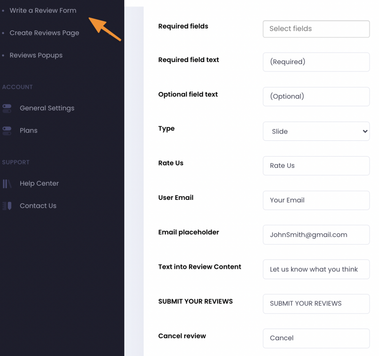 Write a Review Form settings with the form's field labels ready to translate