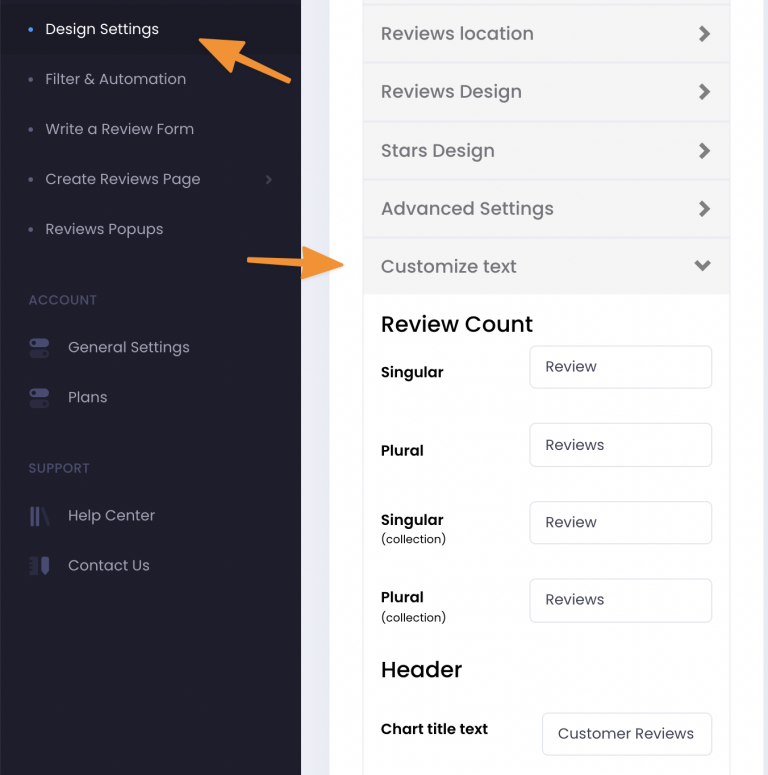 Customize text section with the review count and chart title texts