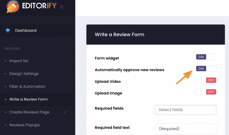 The Automatically approve new reviews switch in the write a review form settings