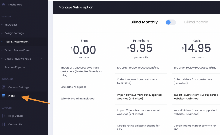 The Plans page in the Editorify dashboard with the available plans