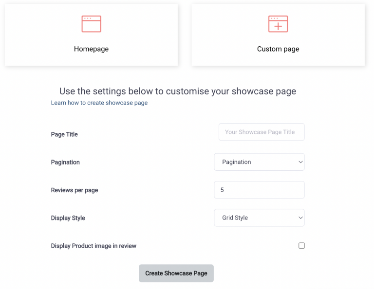 Showcase page settings with the Homepage and Custom Page placement choice