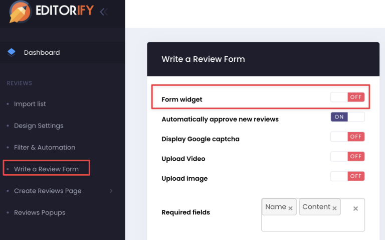 Form widget switch on the Write a Review Form page