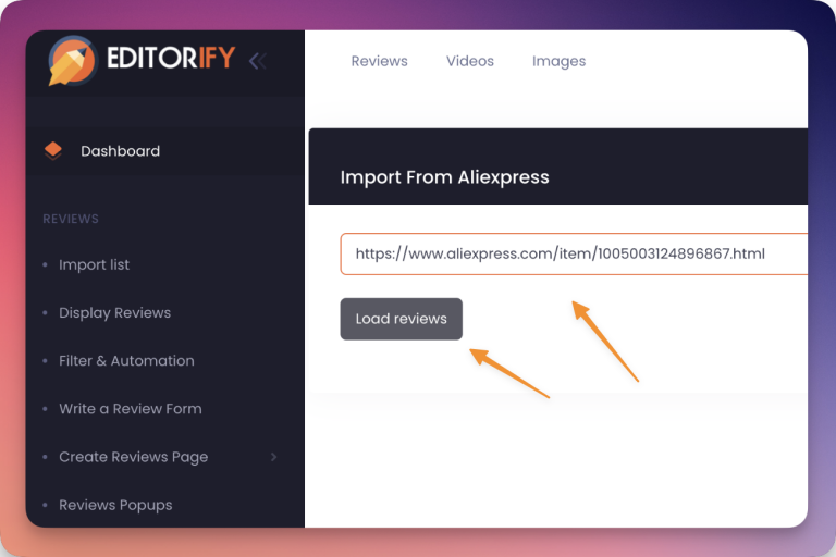 The Editorify importer page with a product URL field and Load reviews button
