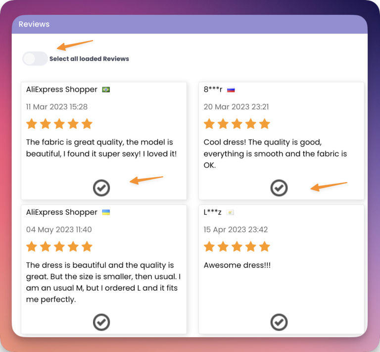 Loaded supplier reviews with checkboxes in the Editorify importer