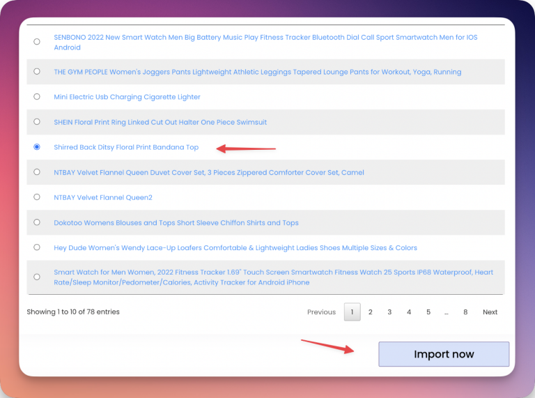 Choosing the destination product and clicking Import now in the Editorify importer