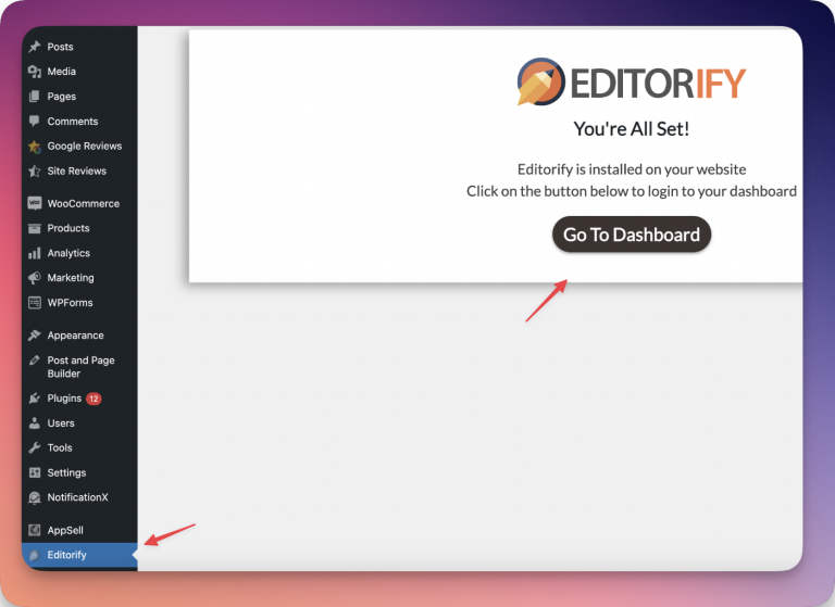 The Editorify page in WordPress with the Go to dashboard button