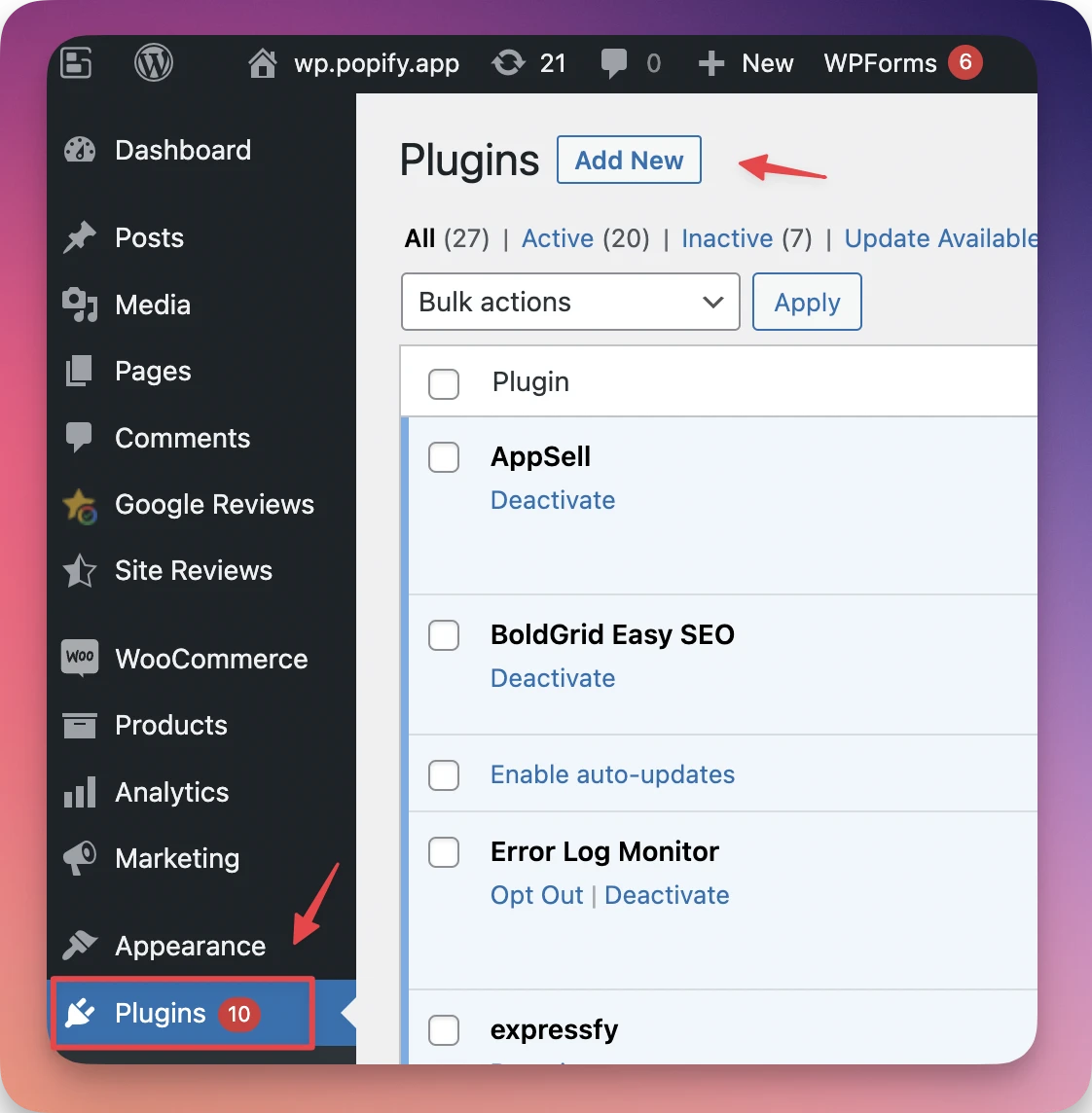 The WordPress Plugins menu with Add New