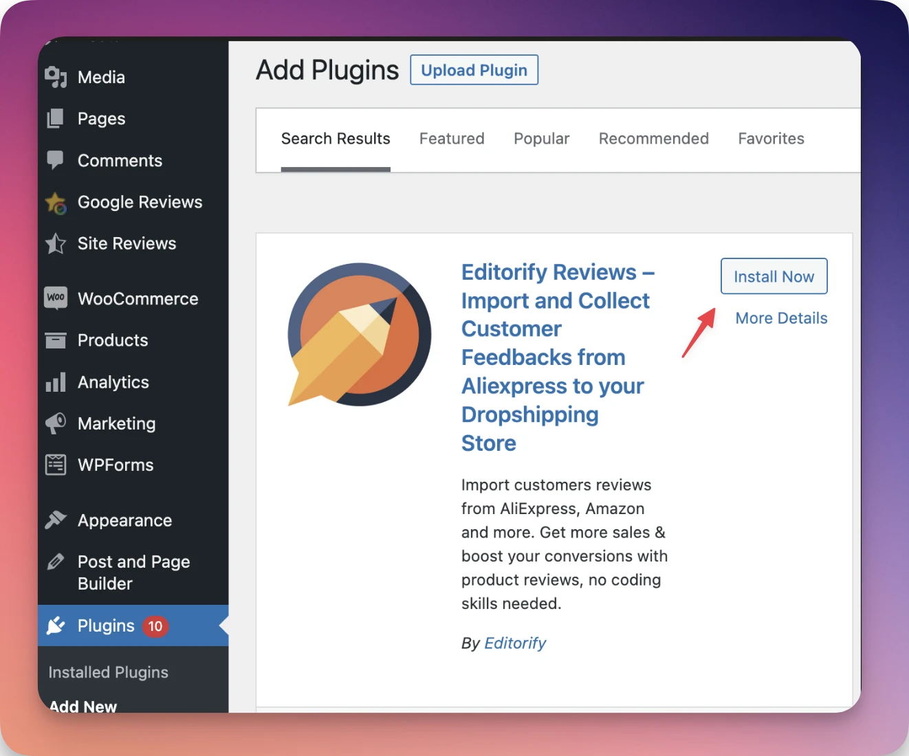 Searching for the Editorify plugin in WordPress and the Install Now button