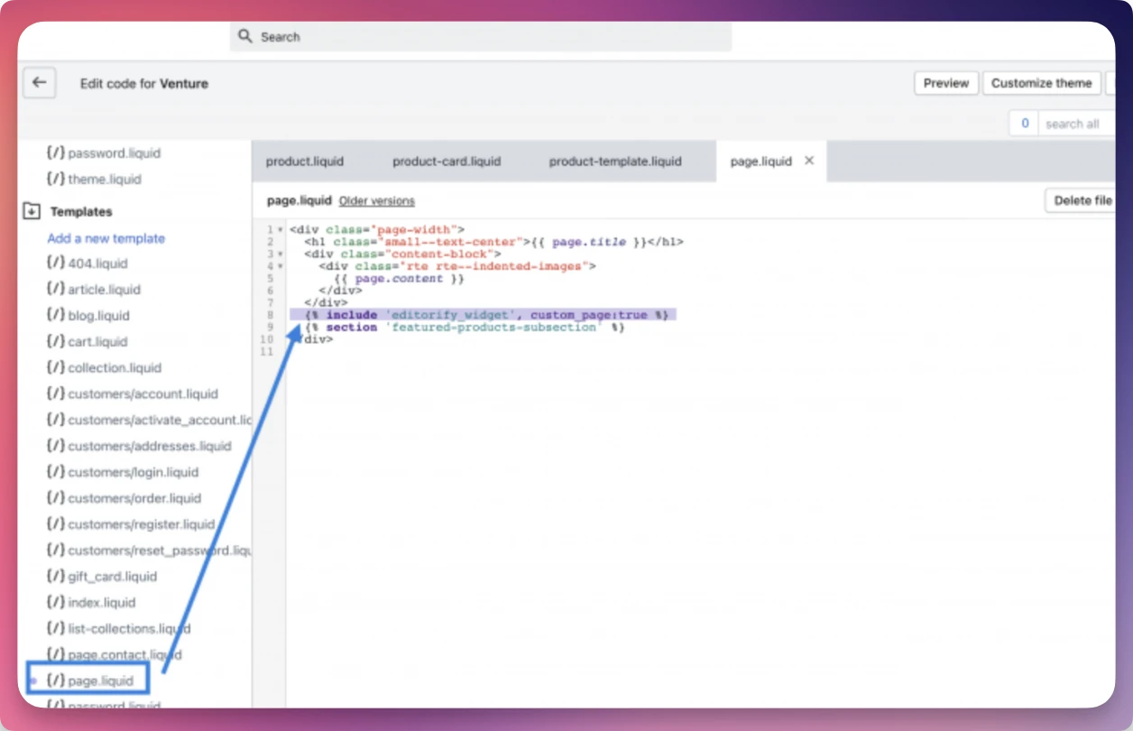 Screenshot from How to Manually Add Editorify Code to Your Shopify Theme