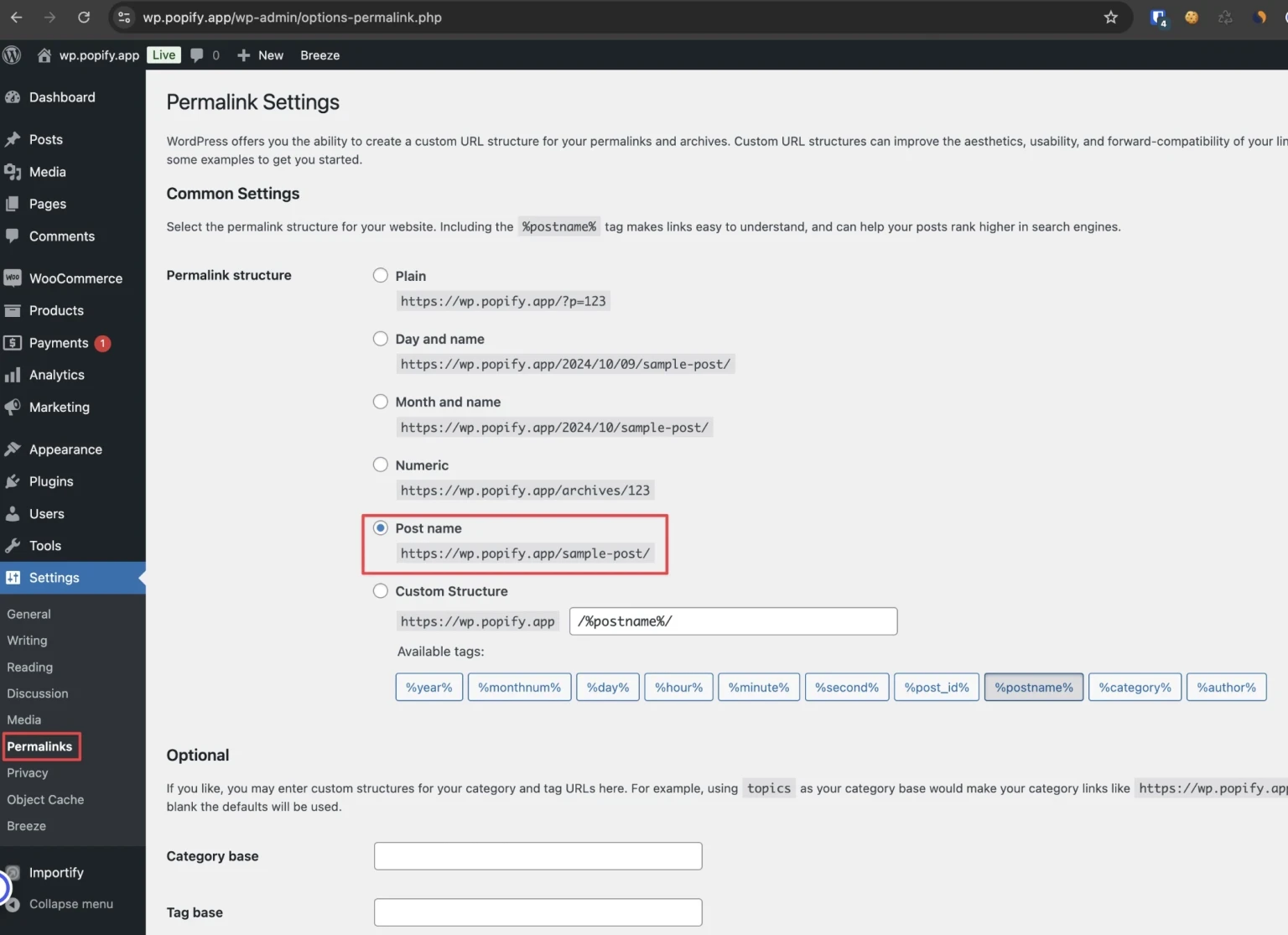 WordPress Permalink settings with Post name selected