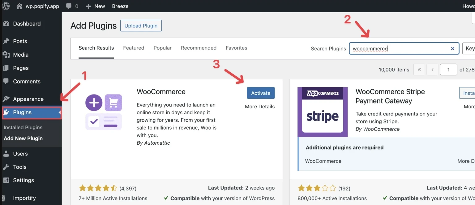 Installing the official WooCommerce plugin from the WordPress plugin directory