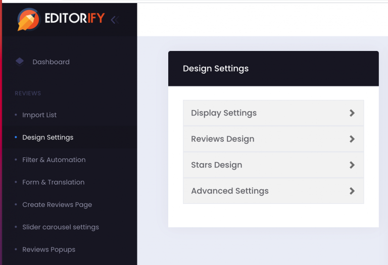 Editorify design settings page with star, button and template options