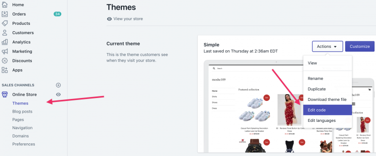 Shopify Themes page with the Actions menu open and Edit code selected