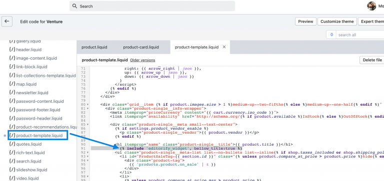 The Editorify code pasted below product.title in the product template