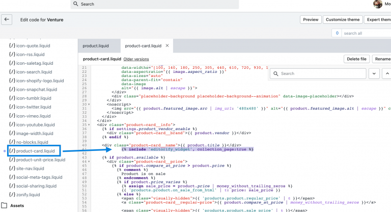 The Editorify collection page code pasted below product.title in a product card snippet