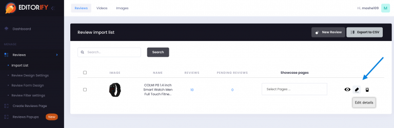 The Import list in the Editorify dashboard with the Edit button next to a product