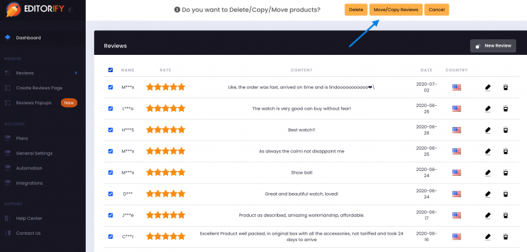 Selected reviews and the Move/copy reviews button