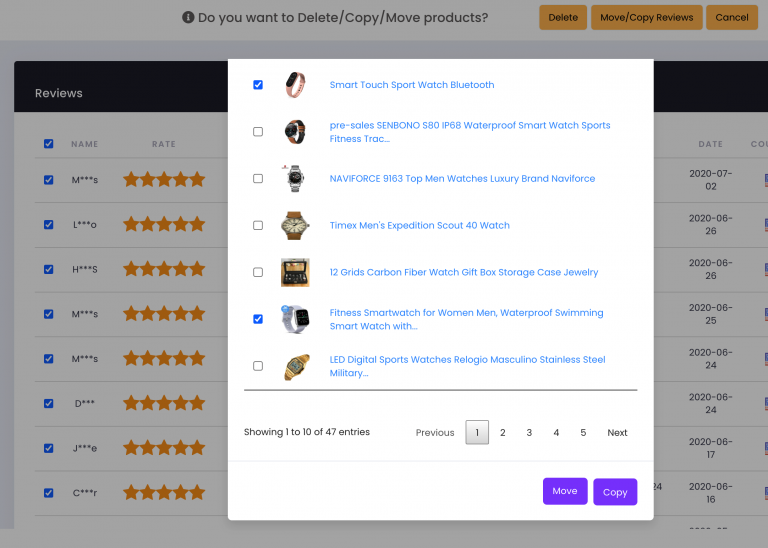Choosing destination products and the Copy and Move buttons