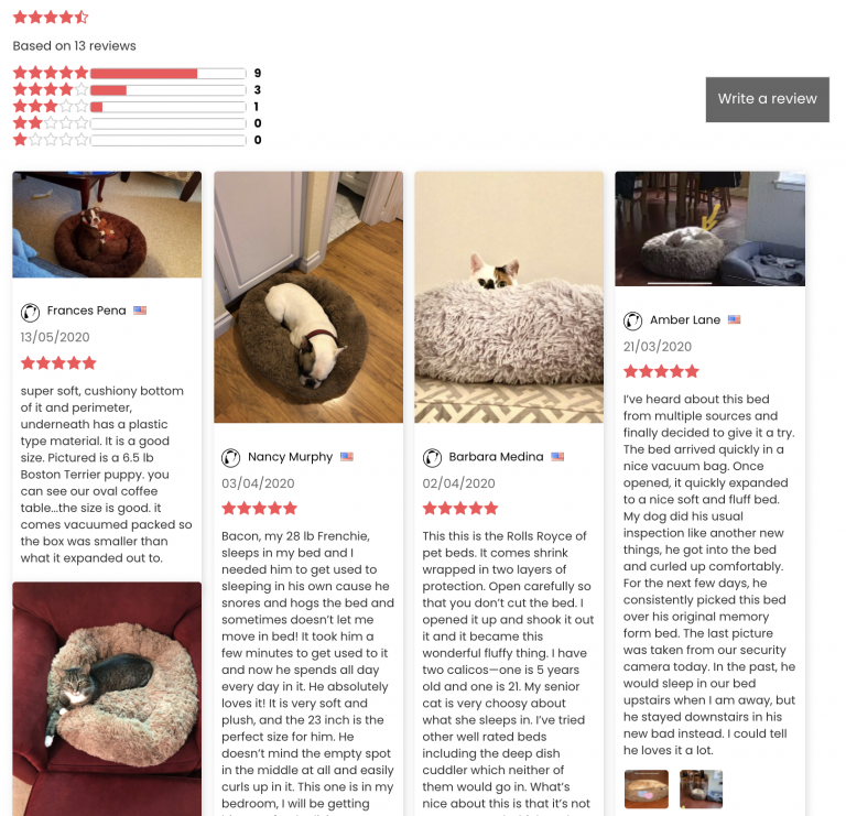 Imported reviews on a store product page: average rating, star breakdown and review cards with customer photos