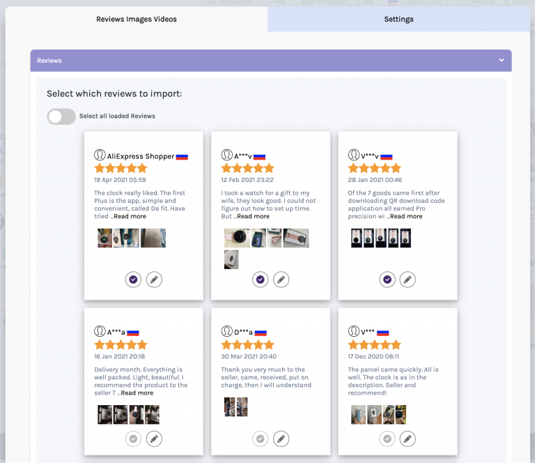 The Editorify window on an AliExpress product page with the review selection grid and Select all loaded Reviews switch