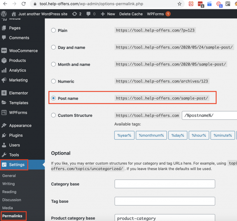 WordPress Permalink settings with Post name selected