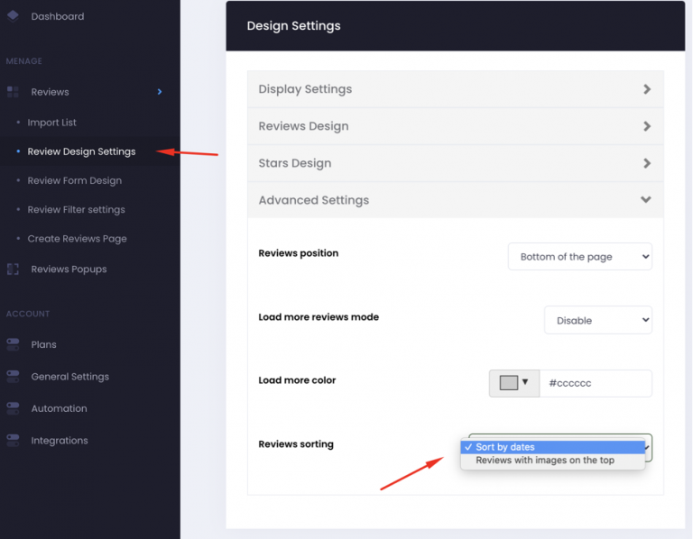 Reviews sorting dropdown in Advanced Settings with Sort by dates and Reviews with images on top
