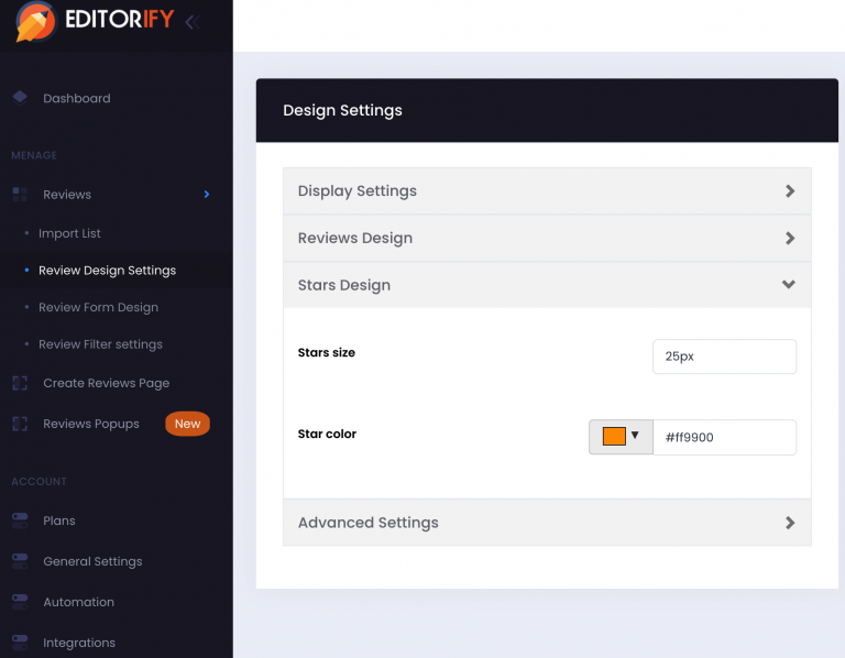 Stars Design section of the Editorify design settings with the Stars size and Star color fields