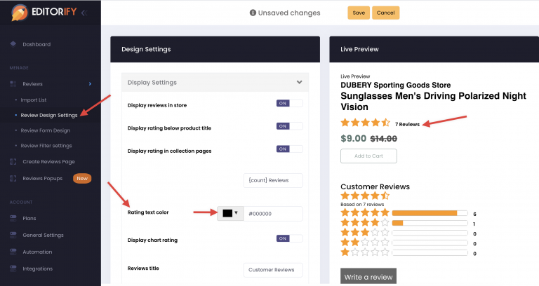 Rating text color field in the Editorify design settings