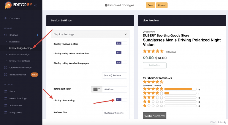 Display chart rating switch with a live preview of the rating chart