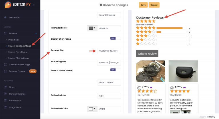 Reviews Title field in the Editorify design settings