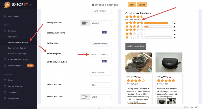 Stars rating text field in the Editorify design settings