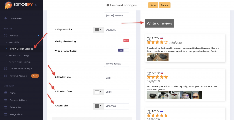 Write a review button design options: text size, text color and button color
