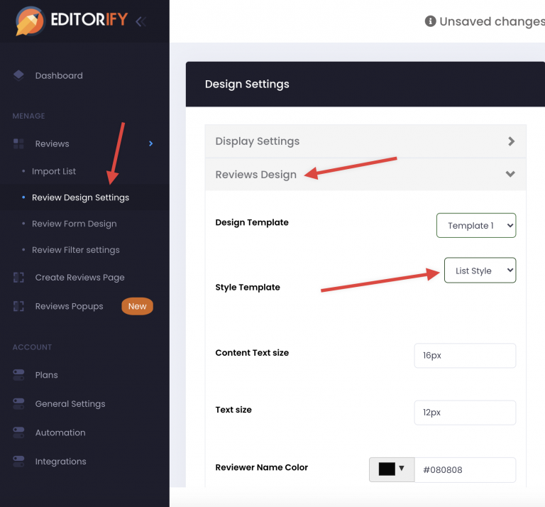 Reviews Design section with the choice between list view and grid view