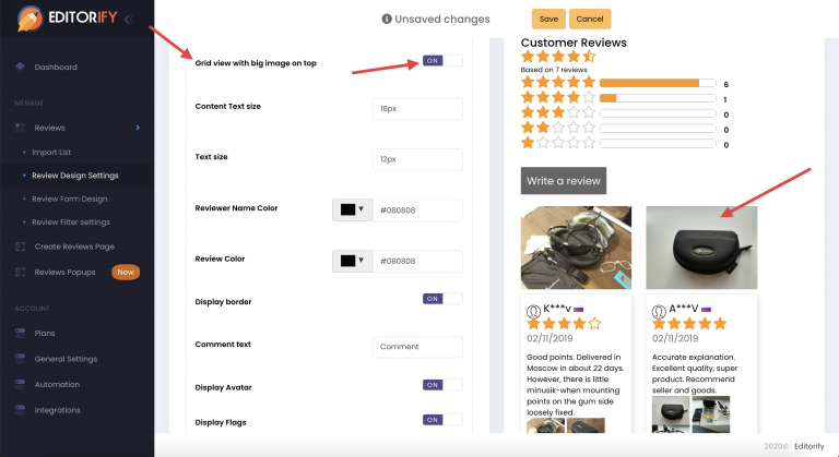 Grid view with big images on top option in the Reviews Design section