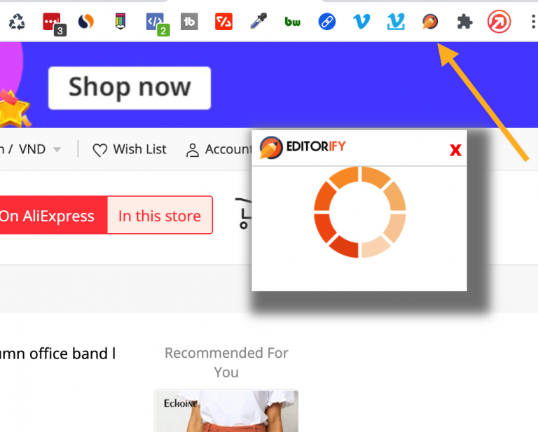 The Editorify icon on an AliExpress product page with a product video