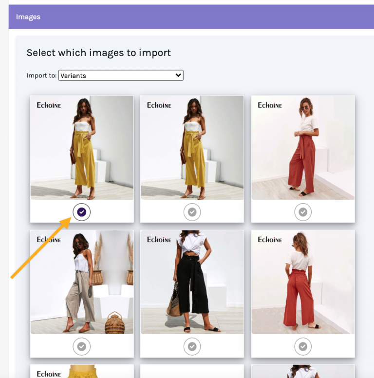 Selecting product images to import in the Editorify extension