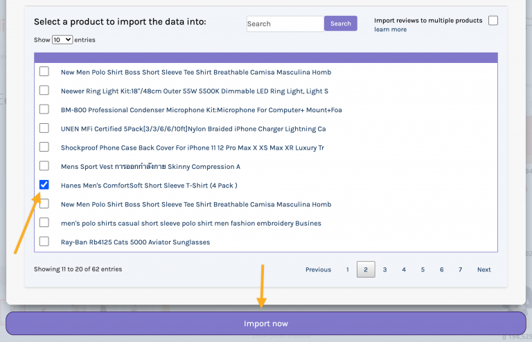 Choosing the store product and clicking Import for the selected images