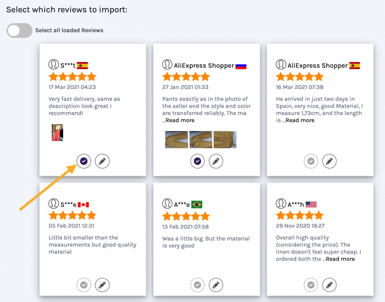 Grid of supplier reviews with star ratings and photos, each with a tick button to select it for import