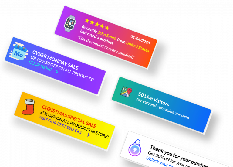 Examples of popup notifications, including a five-star customer review popup and sale announcements
