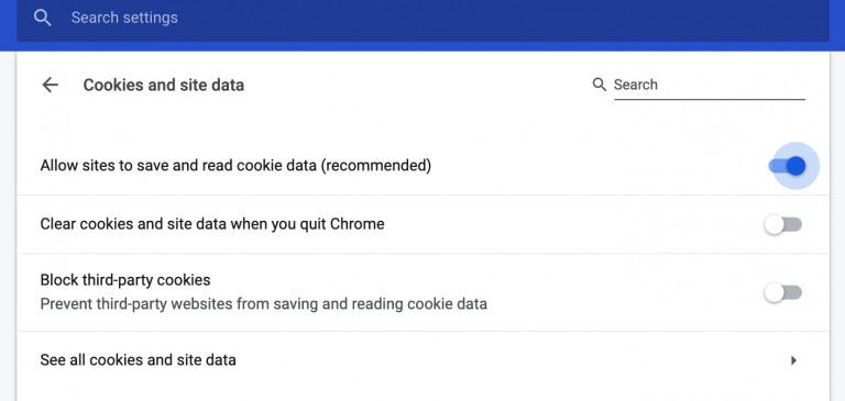 Chrome cookie settings with sites allowed to save and read cookie data
