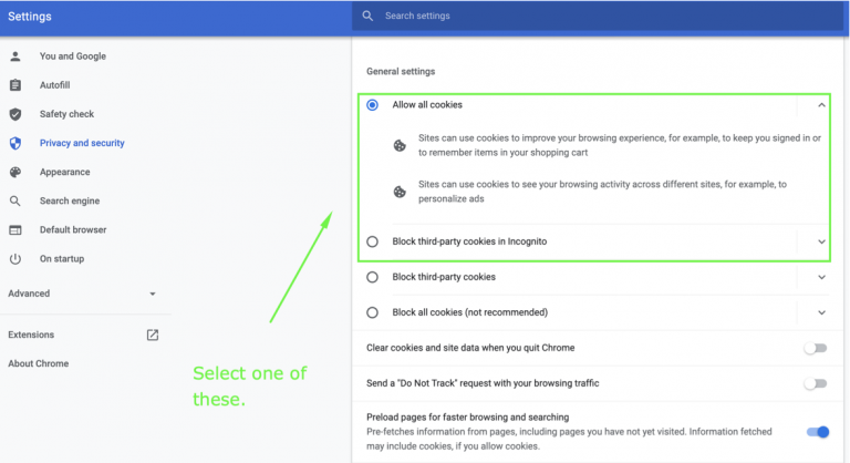 Chrome Cookies and other site data settings with cookies allowed