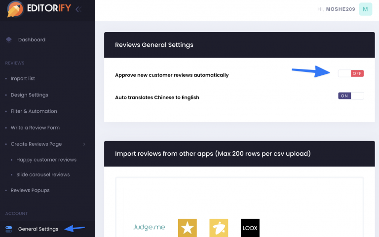 Turning off automatic approval for customer reviews in General settings