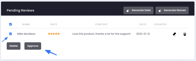 Selecting pending reviews and clicking Approve