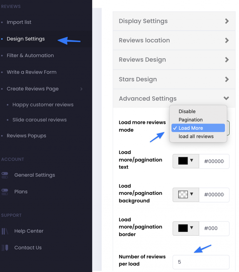 Load more reviews mode dropdown with Disable, Pagination, Load More and load all reviews, and the Number of reviews per load field