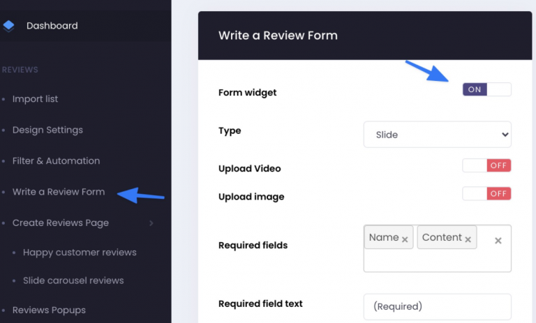 Turning on the form widget in the Write a review form settings