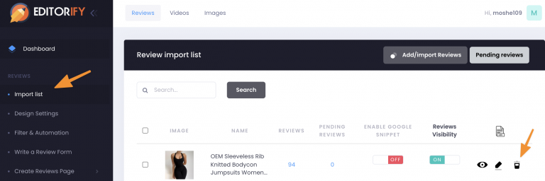 The Import list with the recycle-bin icon that deletes all reviews of a product
