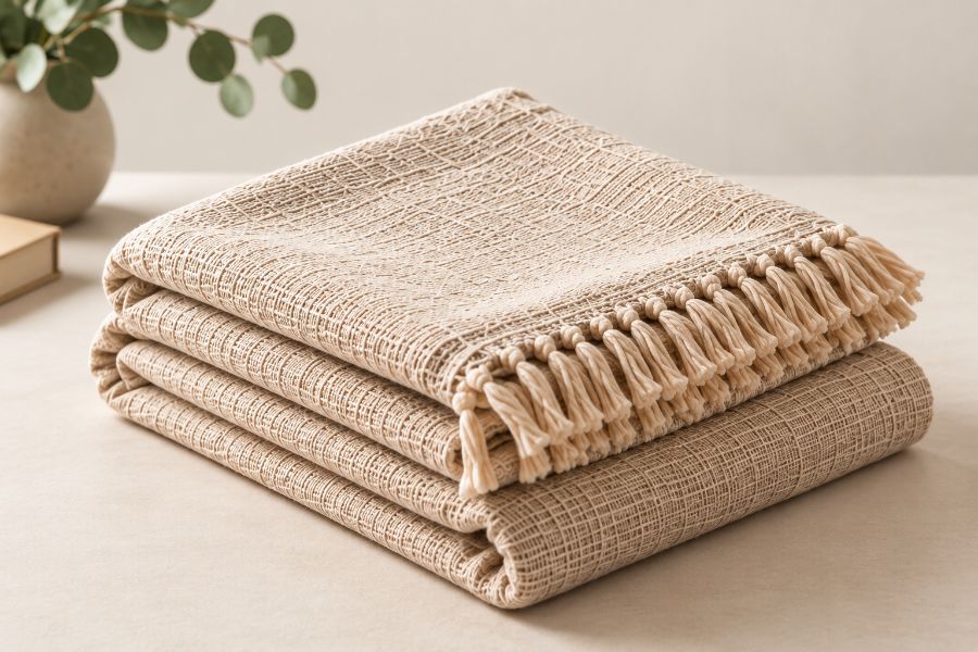 Folded linen throw blanket with knotted fringe